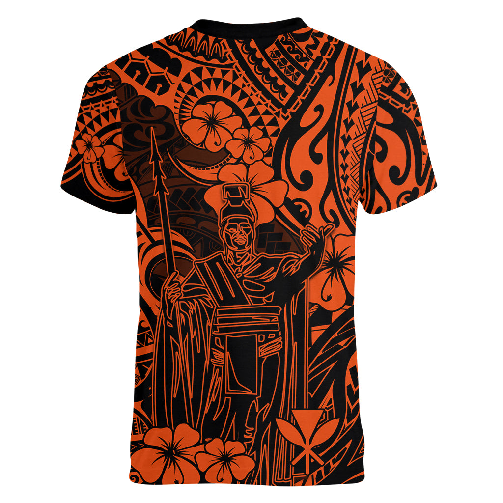Hawaii King Kamehameha Women V Neck T Shirt Polynesian Pattern Orange Version LT01 - Polynesian Pride