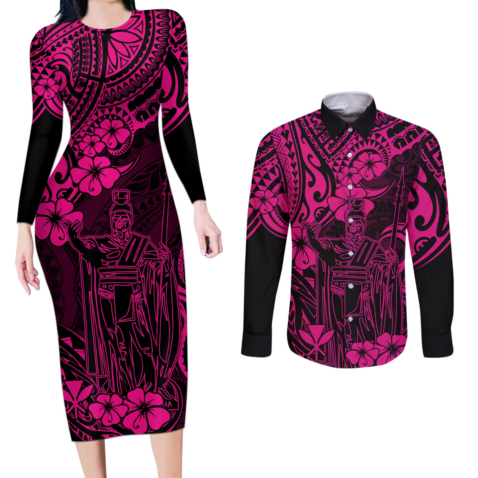 Hawaii King Kamehameha Couples Matching Long Sleeve Bodycon Dress and Long Sleeve Button Shirts Polynesian Pattern Pink Version LT01 Pink - Polynesian Pride