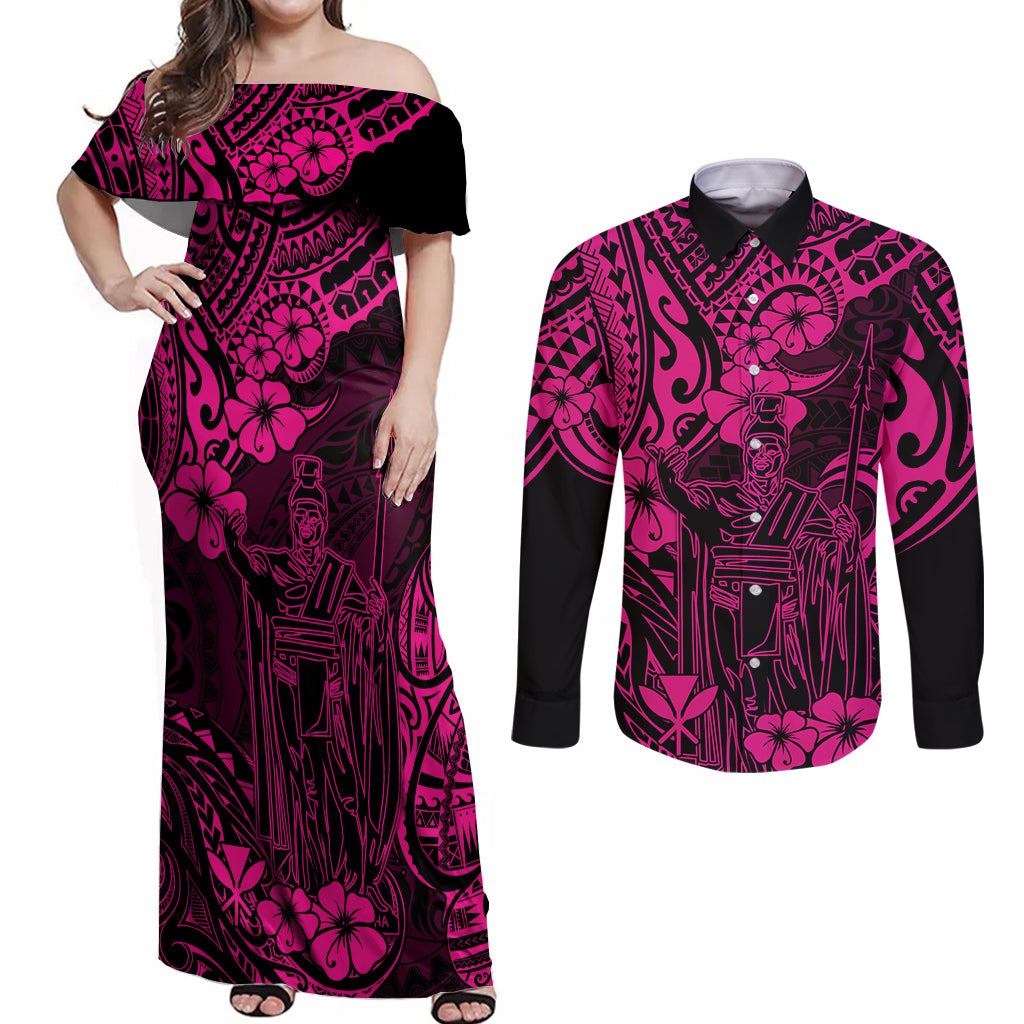 Hawaii King Kamehameha Couples Matching Off Shoulder Maxi Dress and Long Sleeve Button Shirts Polynesian Pattern Pink Version LT01 Pink - Polynesian Pride