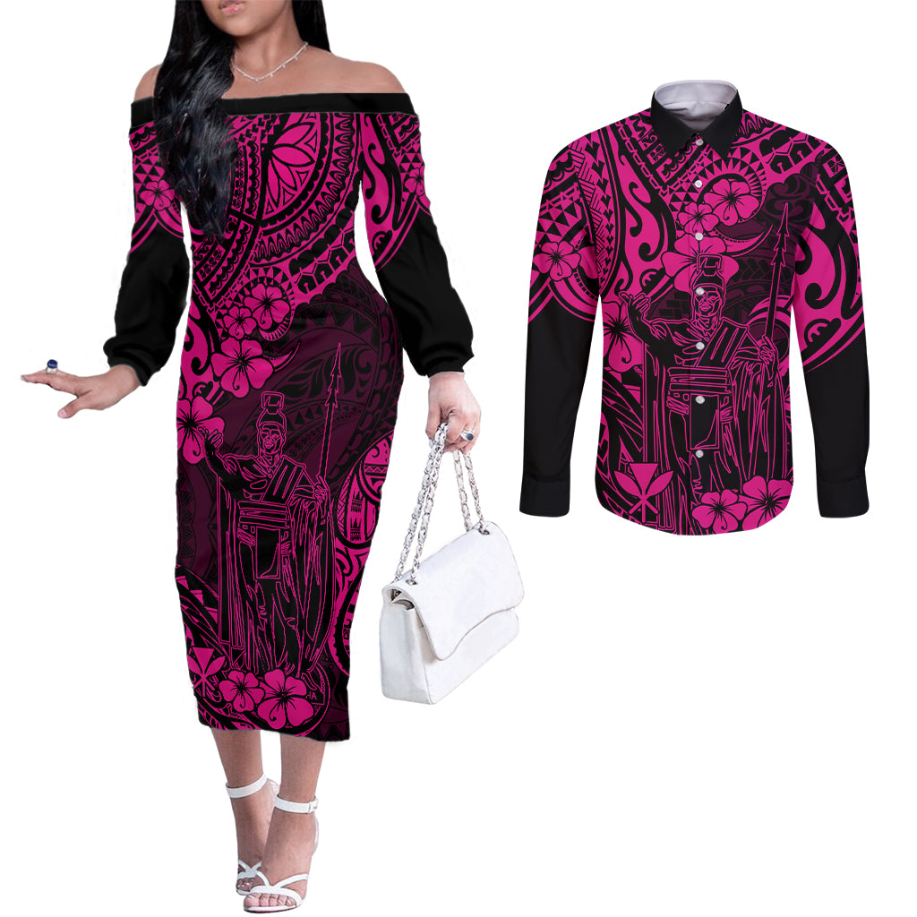Hawaii King Kamehameha Couples Matching Off The Shoulder Long Sleeve Dress and Long Sleeve Button Shirts Polynesian Pattern Pink Version LT01 Pink - Polynesian Pride