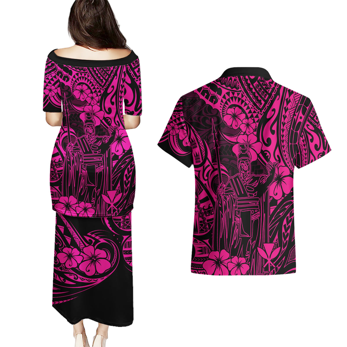 Hawaii King Kamehameha Couples Matching Puletasi Dress and Hawaiian Shirt Polynesian Pattern Pink Version LT01 - Polynesian Pride