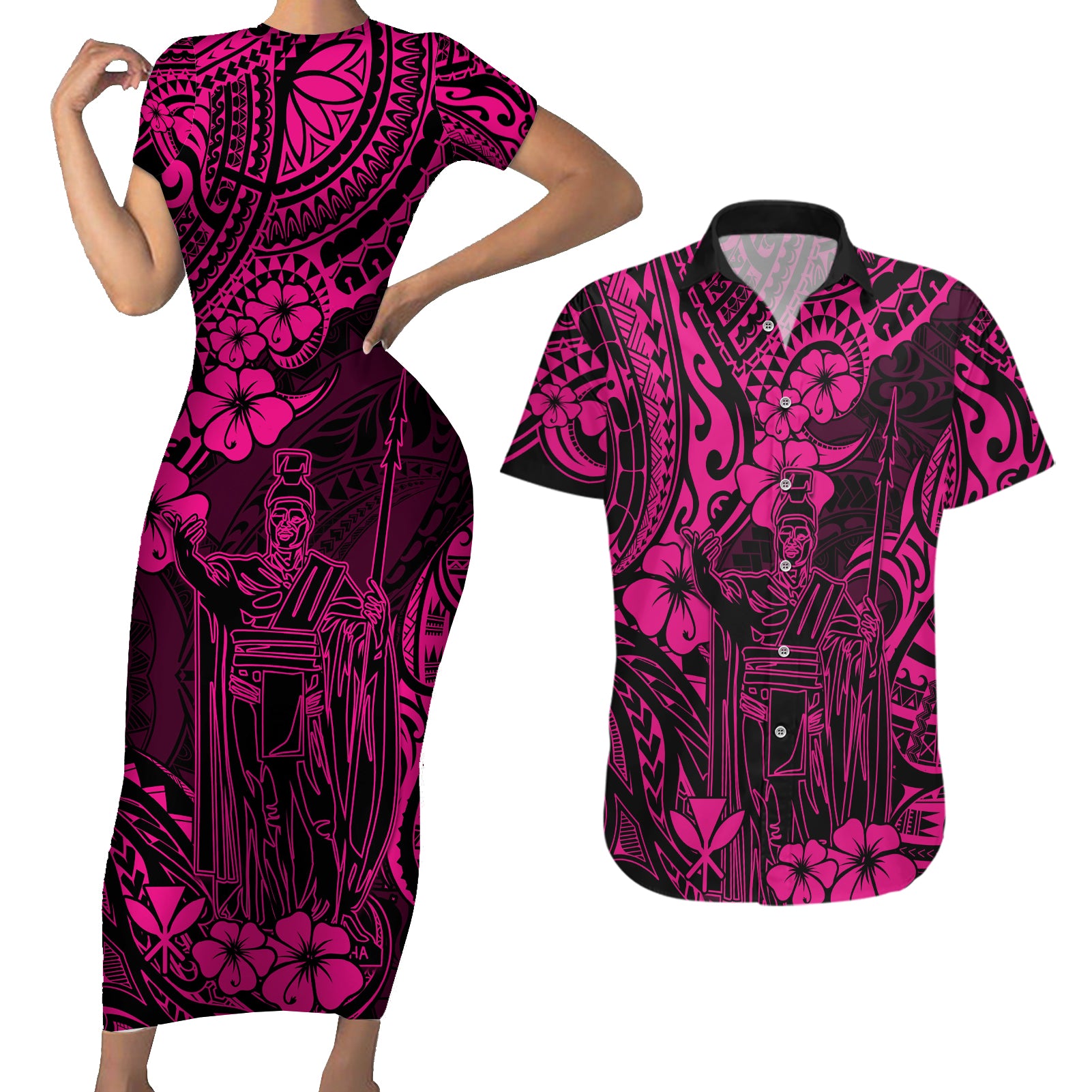 Hawaii King Kamehameha Couples Matching Short Sleeve Bodycon Dress and Hawaiian Shirt Polynesian Pattern Pink Version LT01 Pink - Polynesian Pride