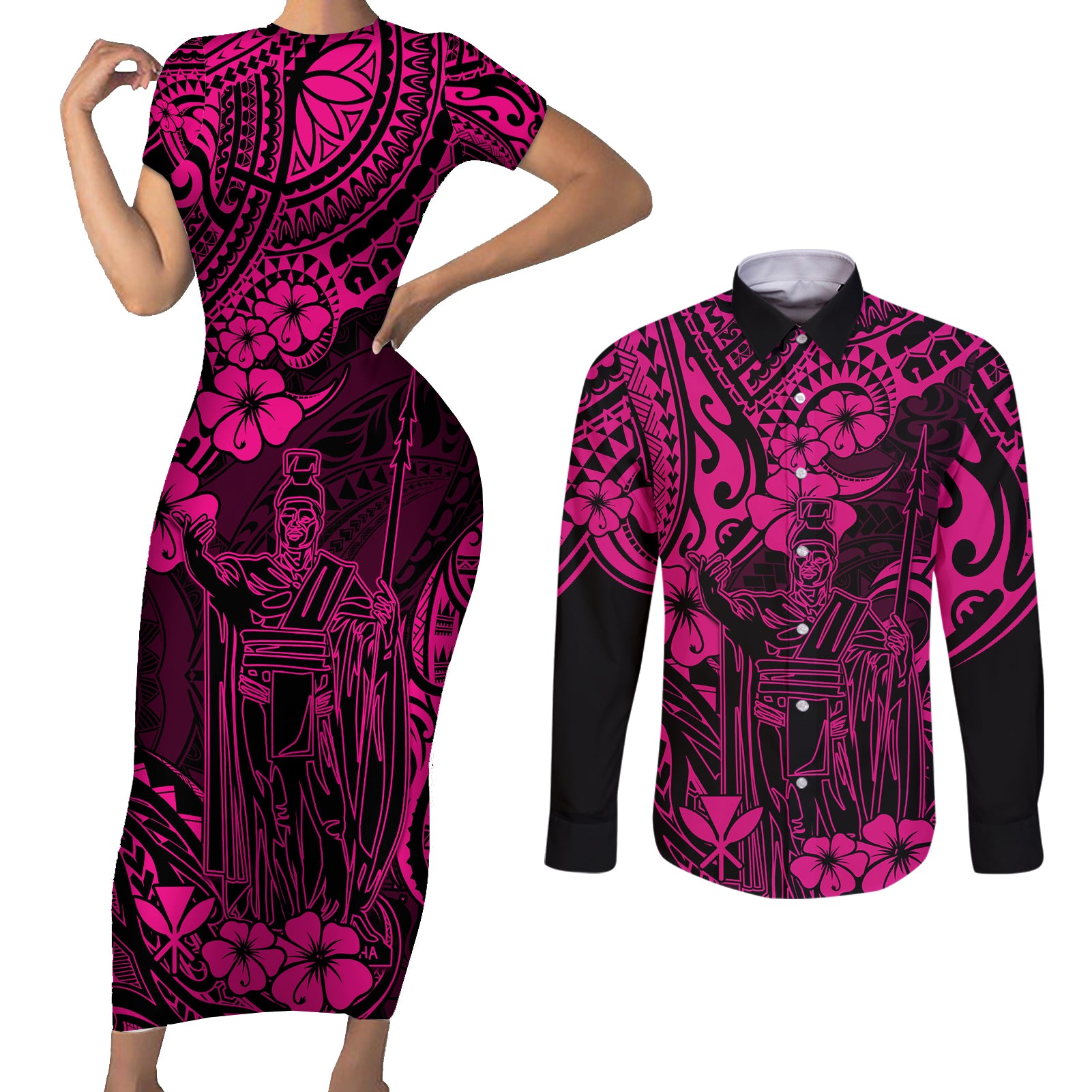 Hawaii King Kamehameha Couples Matching Short Sleeve Bodycon Dress and Long Sleeve Button Shirts Polynesian Pattern Pink Version LT01 Pink - Polynesian Pride