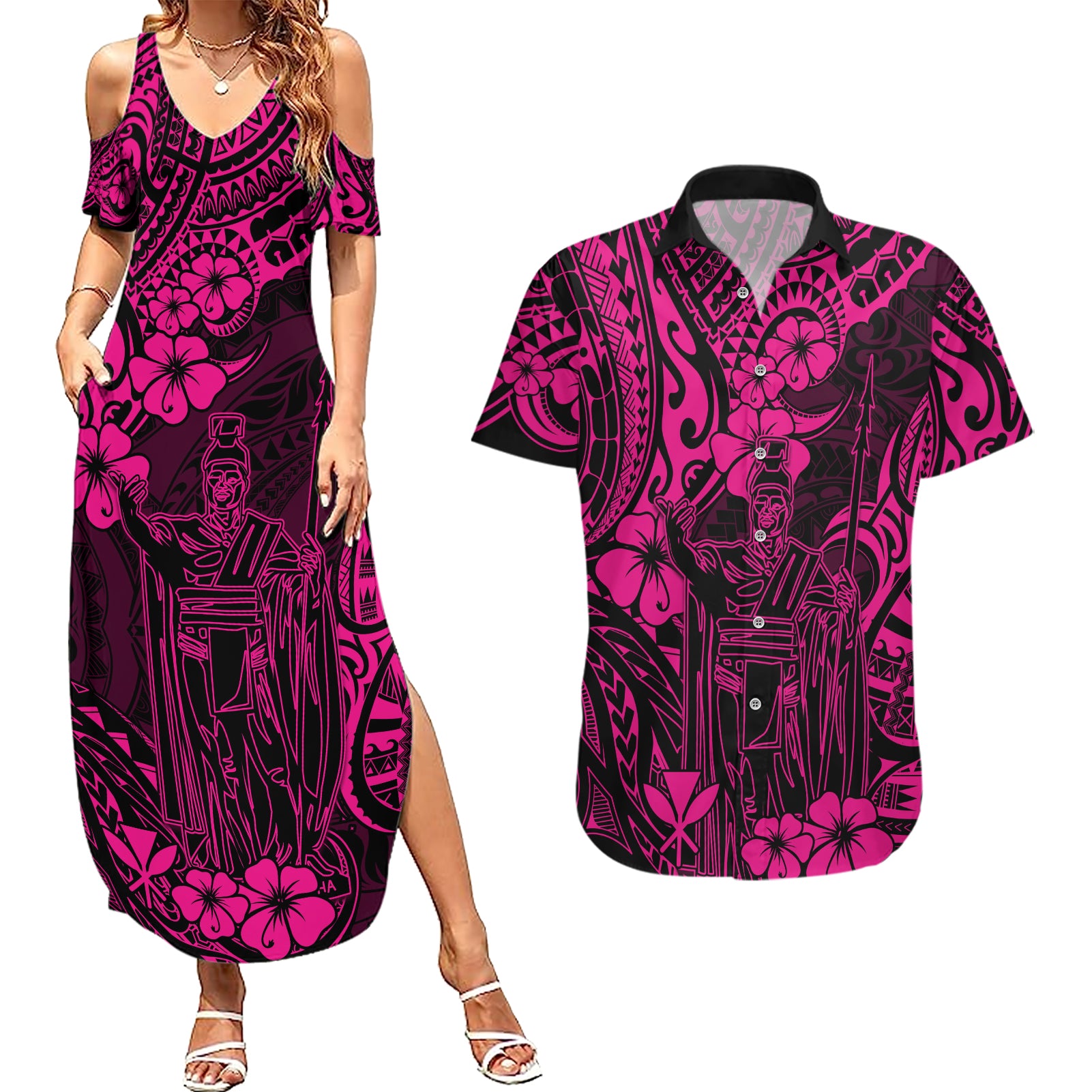 Hawaii King Kamehameha Couples Matching Summer Maxi Dress and Hawaiian Shirt Polynesian Pattern Pink Version LT01 Pink - Polynesian Pride