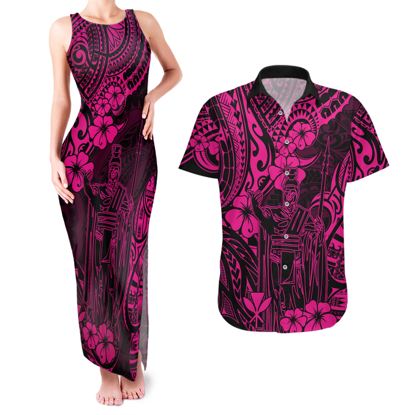 Hawaii King Kamehameha Couples Matching Tank Maxi Dress and Hawaiian Shirt Polynesian Pattern Pink Version LT01 Pink - Polynesian Pride