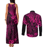 Hawaii King Kamehameha Couples Matching Tank Maxi Dress and Long Sleeve Button Shirts Polynesian Pattern Pink Version LT01 - Polynesian Pride