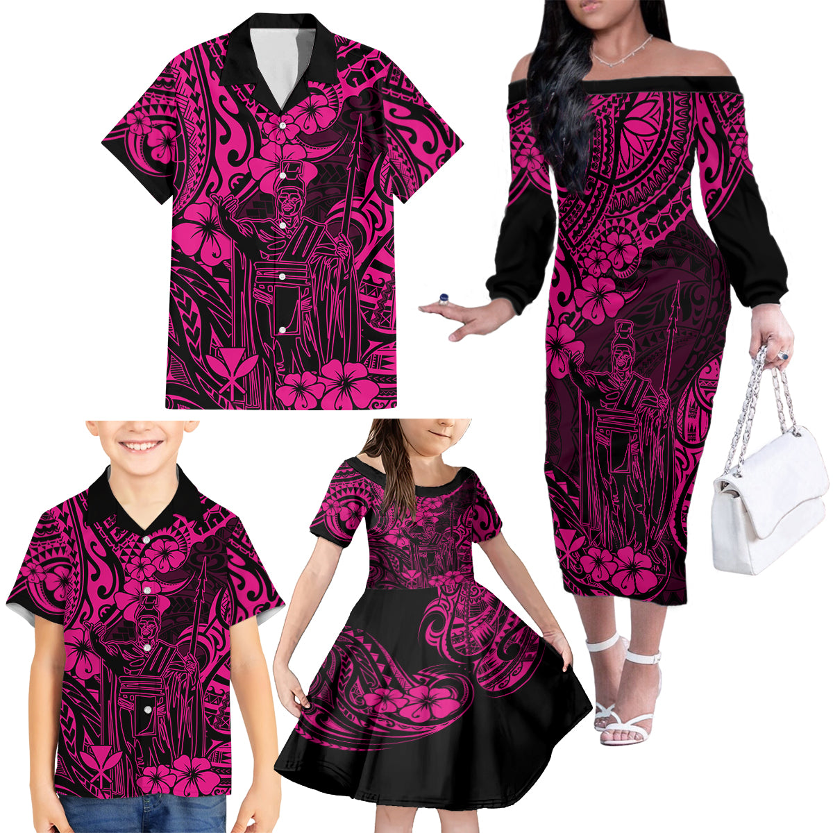 Hawaii King Kamehameha Family Matching Off Shoulder Long Sleeve Dress and Hawaiian Shirt Polynesian Pattern Pink Version LT01 - Polynesian Pride