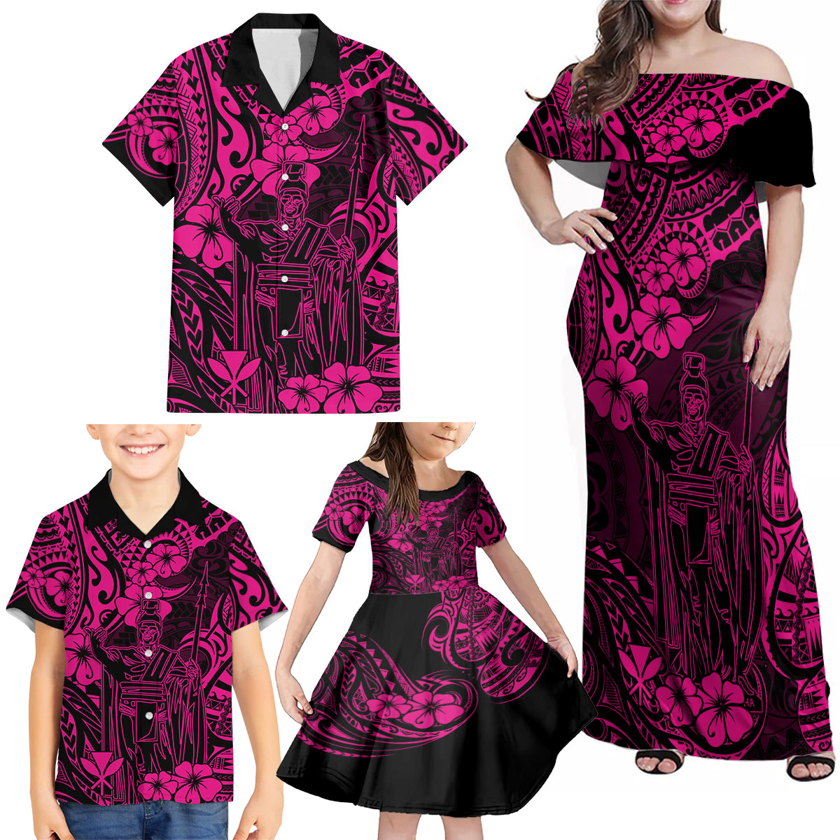 Hawaii King Kamehameha Family Matching Off Shoulder Maxi Dress and Hawaiian Shirt Polynesian Pattern Pink Version LT01 - Polynesian Pride