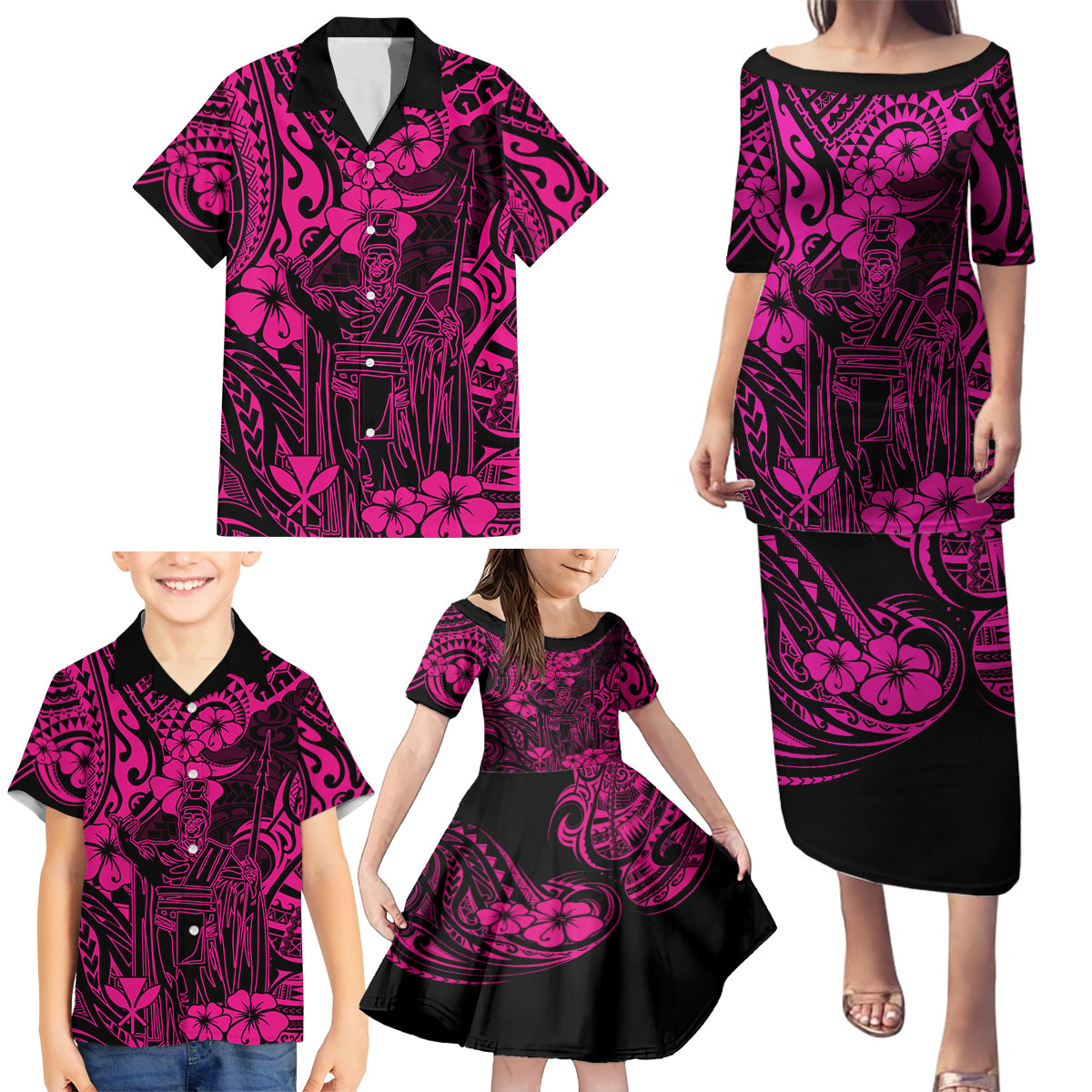 Hawaii King Kamehameha Family Matching Puletasi Dress and Hawaiian Shirt Polynesian Pattern Pink Version LT01 - Polynesian Pride