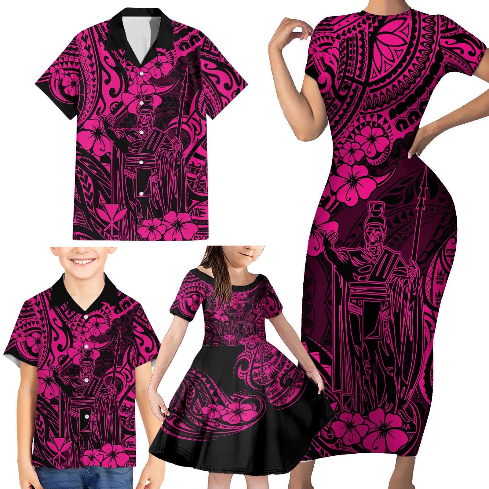 Hawaii King Kamehameha Family Matching Short Sleeve Bodycon Dress and Hawaiian Shirt Polynesian Pattern Pink Version LT01 - Polynesian Pride