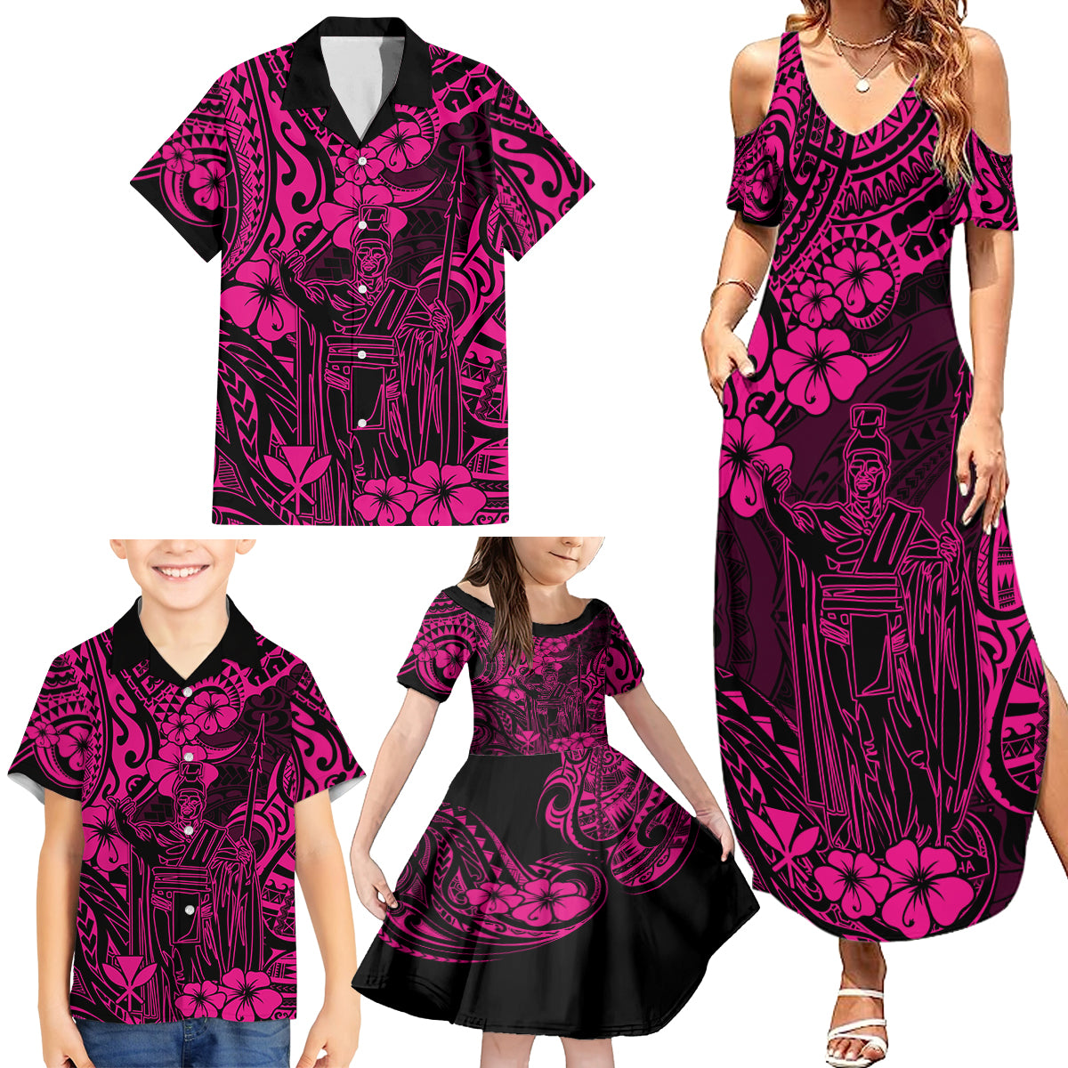 Hawaii King Kamehameha Family Matching Summer Maxi Dress and Hawaiian Shirt Polynesian Pattern Pink Version LT01 - Polynesian Pride