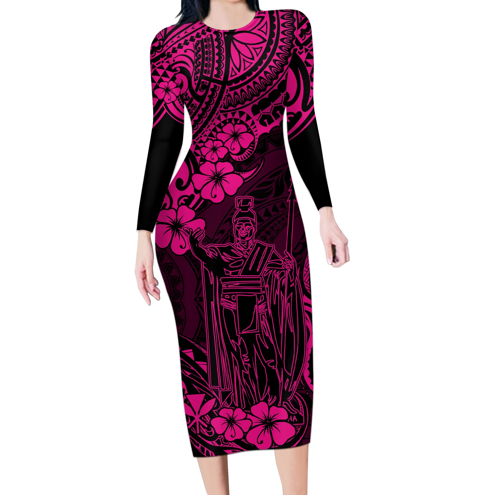 Hawaii King Kamehameha Long Sleeve Bodycon Dress Polynesian Pattern Pink Version LT01 Long Dress Pink - Polynesian Pride