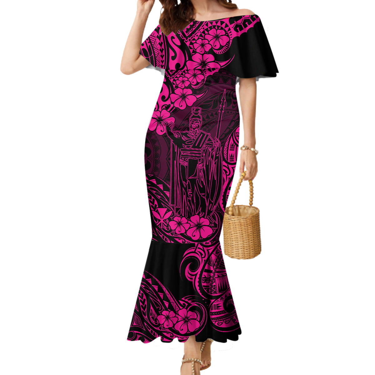 Hawaii King Kamehameha Mermaid Dress Polynesian Pattern Pink Version LT01 Women Pink - Polynesian Pride