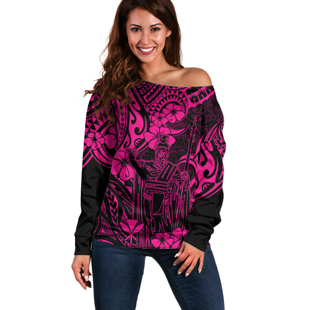 Hawaii King Kamehameha Off Shoulder Sweater Polynesian Pattern Pink Version LT01 Women Pink - Polynesian Pride