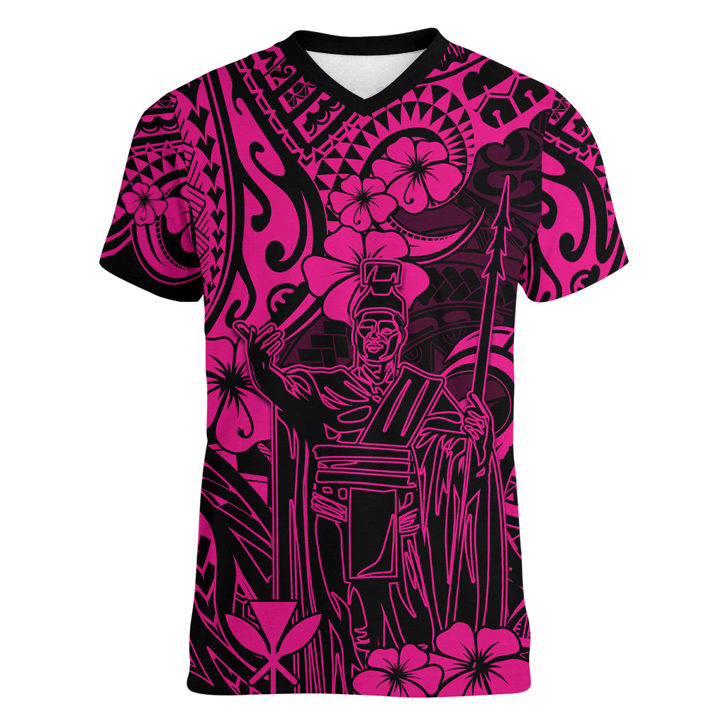 Hawaii King Kamehameha Women V Neck T Shirt Polynesian Pattern Pink Version LT01 Female Pink - Polynesian Pride