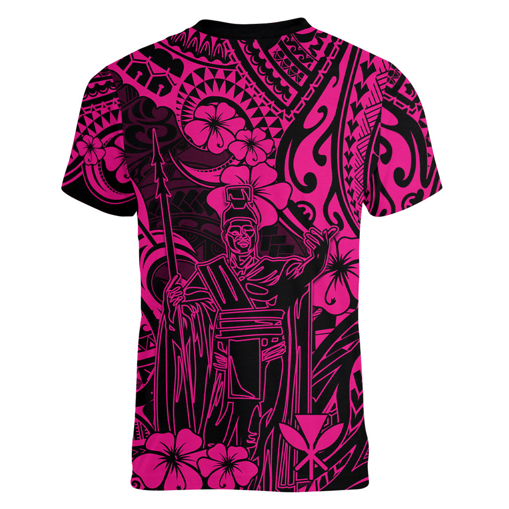 Hawaii King Kamehameha Women V Neck T Shirt Polynesian Pattern Pink Version LT01 - Polynesian Pride