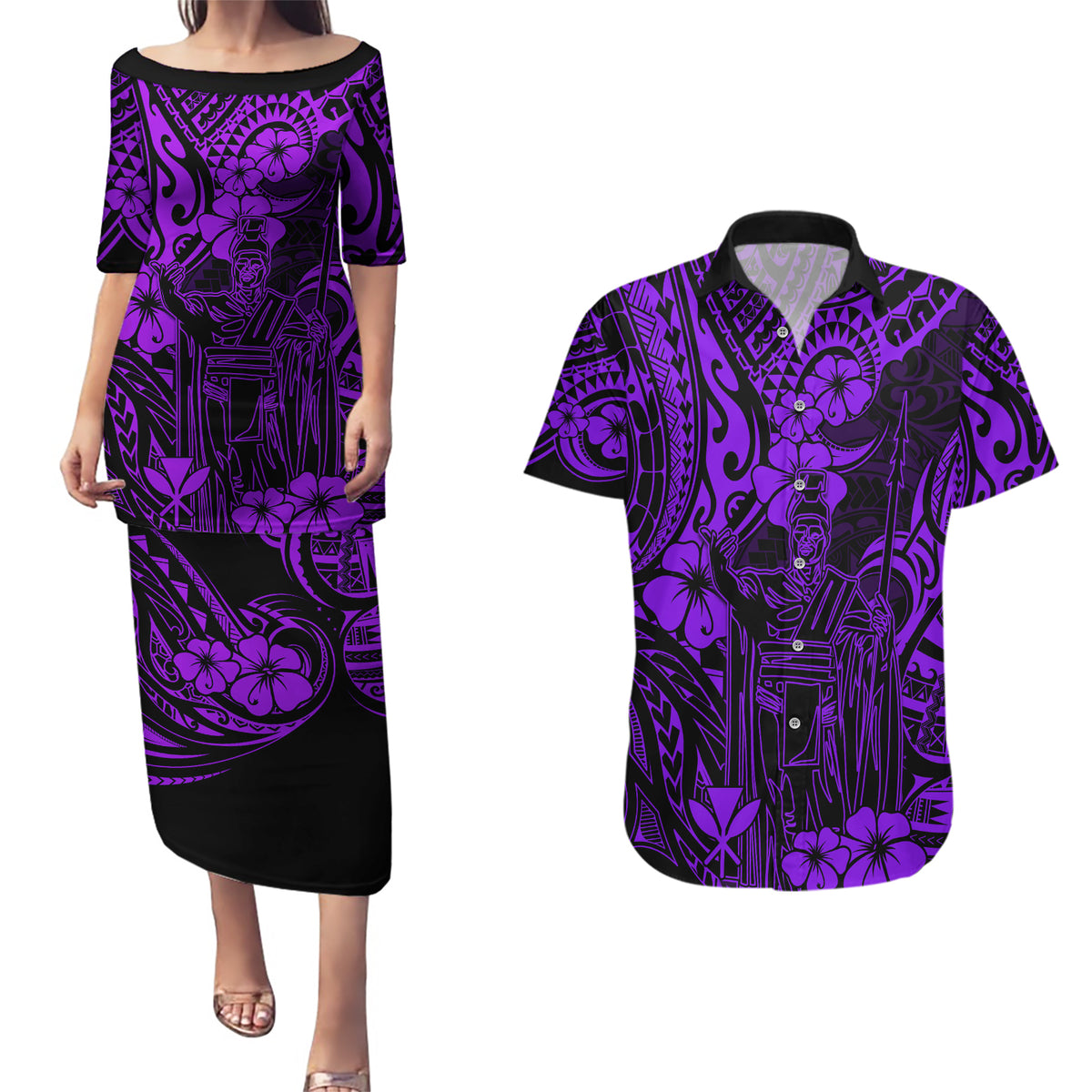 Hawaii King Kamehameha Couples Matching Puletasi Dress and Hawaiian Shirt Polynesian Pattern Purple Version LT01 Purple - Polynesian Pride