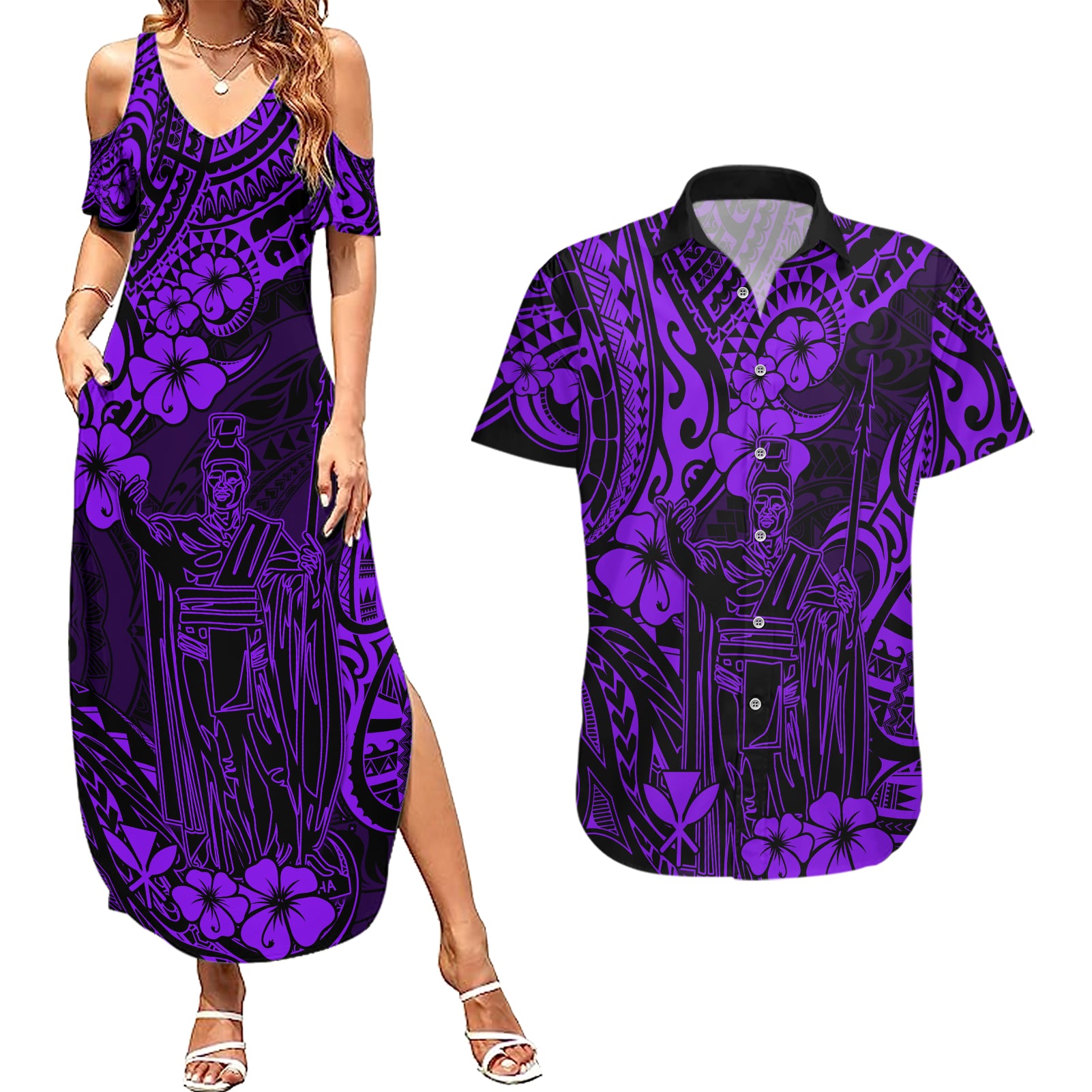 Hawaii King Kamehameha Couples Matching Summer Maxi Dress and Hawaiian Shirt Polynesian Pattern Purple Version LT01 Purple - Polynesian Pride