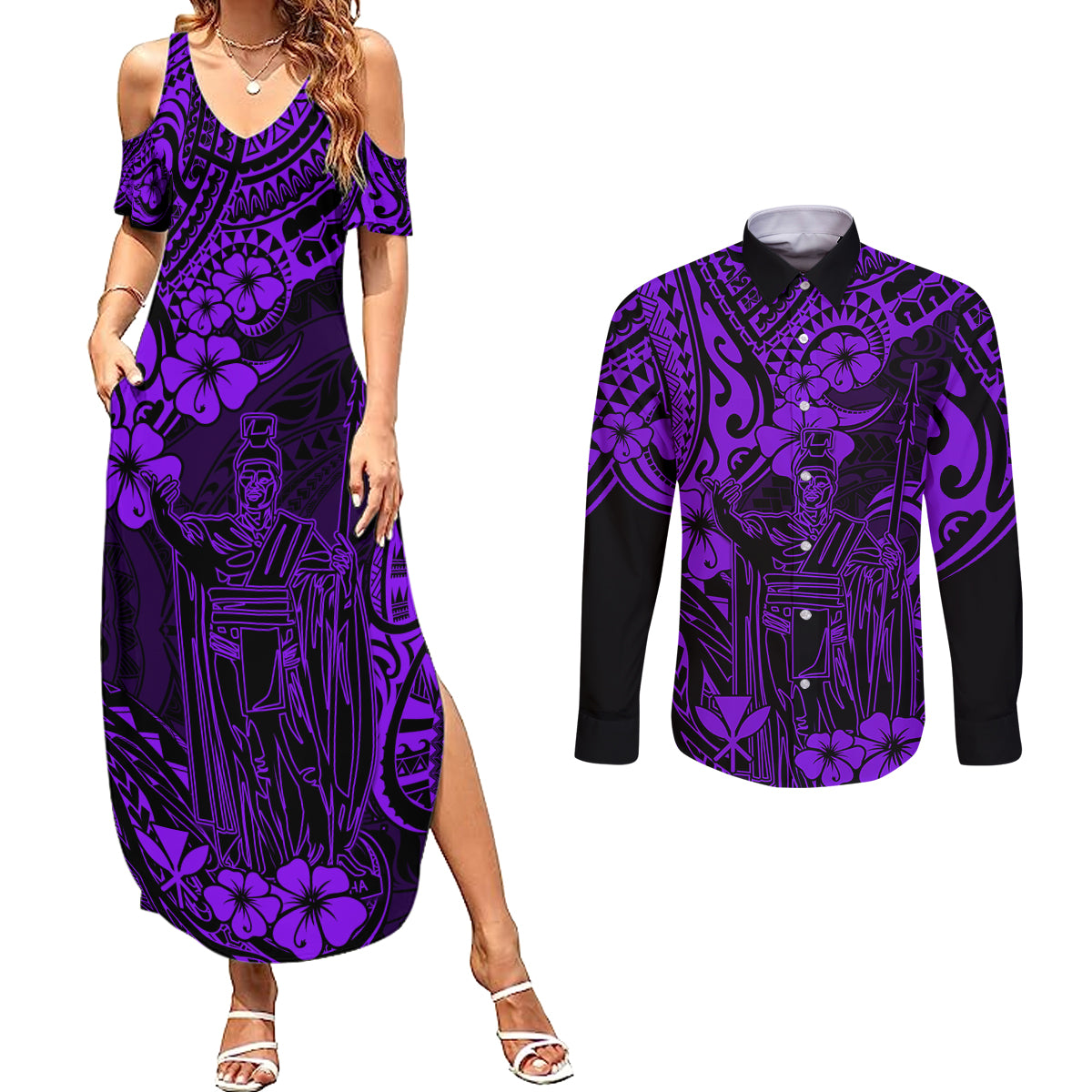 Hawaii King Kamehameha Couples Matching Summer Maxi Dress and Long Sleeve Button Shirts Polynesian Pattern Purple Version LT01 Purple - Polynesian Pride