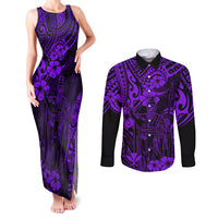 Hawaii King Kamehameha Couples Matching Tank Maxi Dress and Long Sleeve Button Shirts Polynesian Pattern Purple Version LT01 Purple - Polynesian Pride
