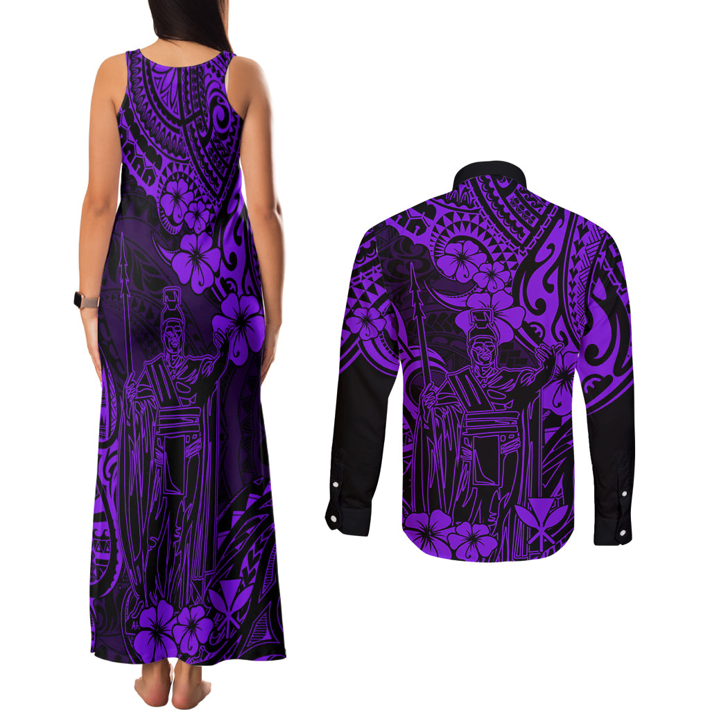 Hawaii King Kamehameha Couples Matching Tank Maxi Dress and Long Sleeve Button Shirts Polynesian Pattern Purple Version LT01 - Polynesian Pride