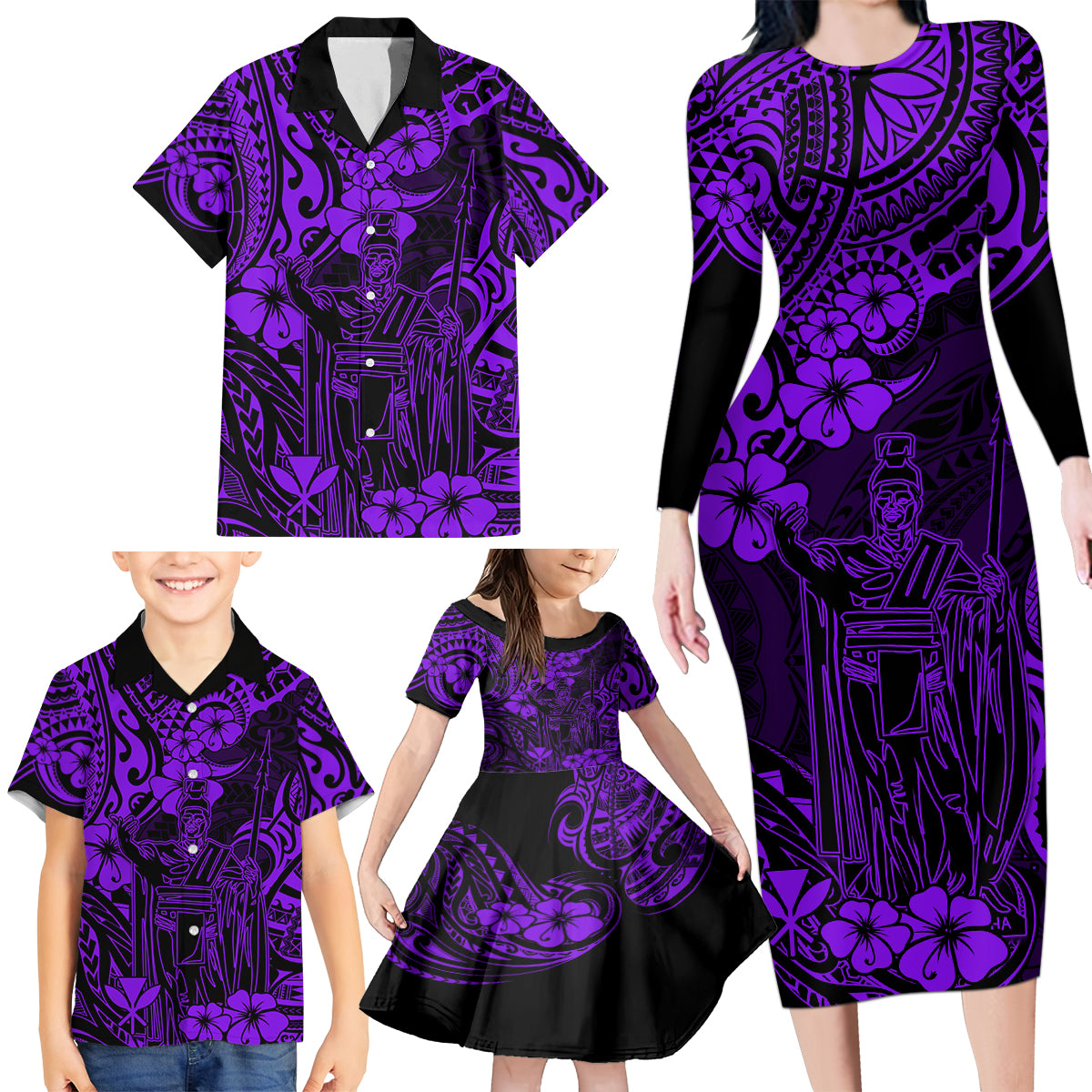 Hawaii King Kamehameha Family Matching Long Sleeve Bodycon Dress and Hawaiian Shirt Polynesian Pattern Purple Version LT01 - Polynesian Pride