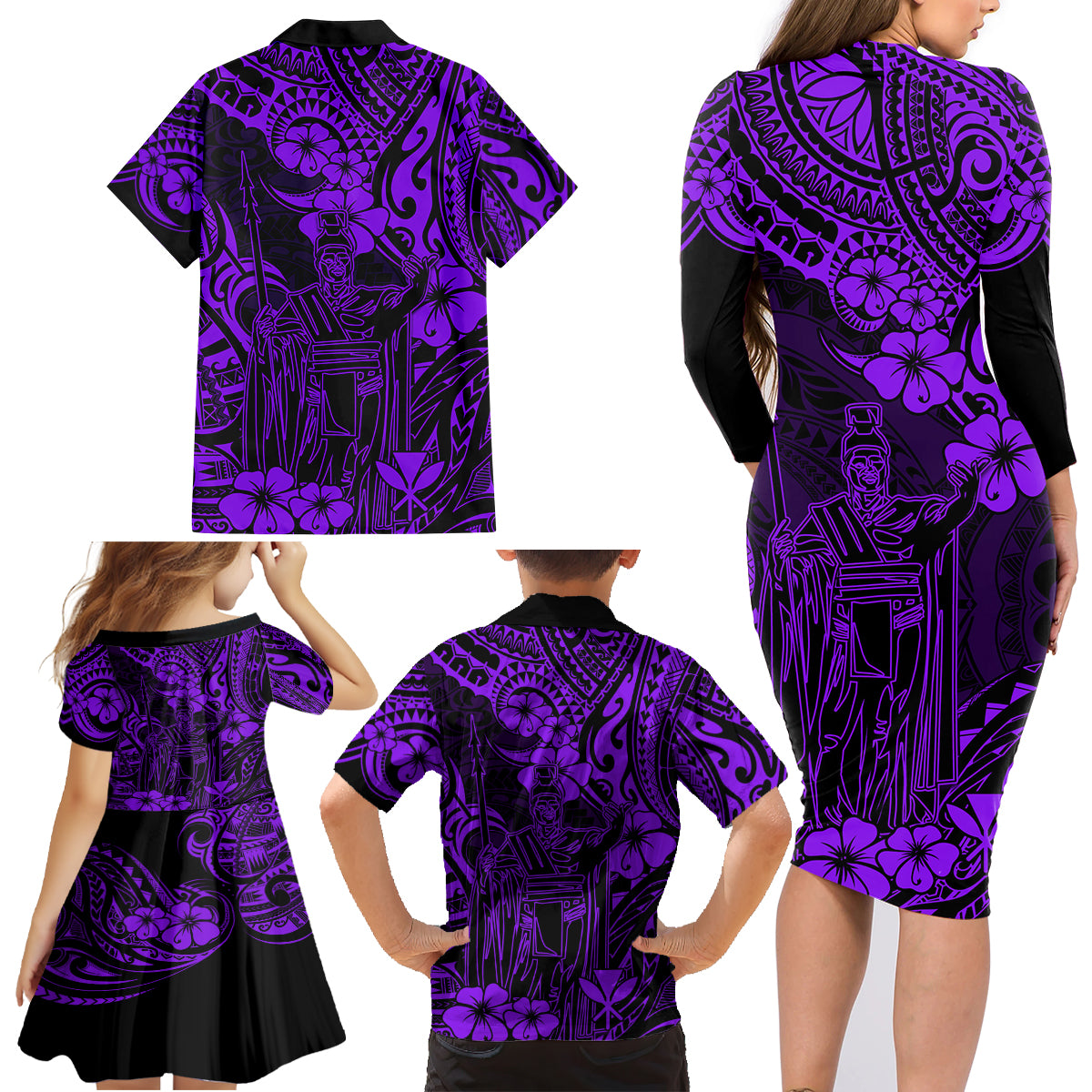 Hawaii King Kamehameha Family Matching Long Sleeve Bodycon Dress and Hawaiian Shirt Polynesian Pattern Purple Version LT01 - Polynesian Pride