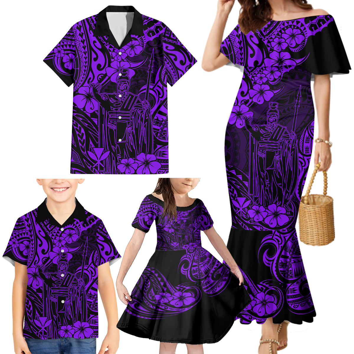 Hawaii King Kamehameha Family Matching Mermaid Dress and Hawaiian Shirt Polynesian Pattern Purple Version LT01 - Polynesian Pride