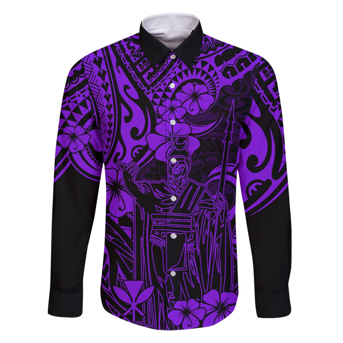 Hawaii King Kamehameha Family Matching Off Shoulder Maxi Dress and Hawaiian Shirt Polynesian Pattern Purple Version LT01 Dad's Shirt - Long Sleeve Purple - Polynesian Pride