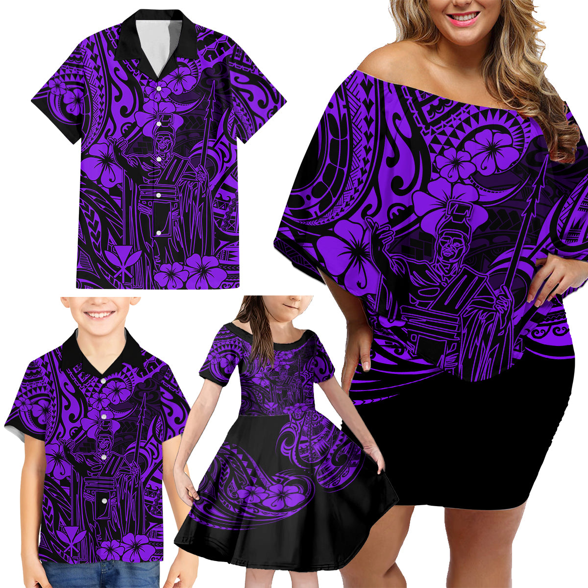 Hawaii King Kamehameha Family Matching Off Shoulder Short Dress and Hawaiian Shirt Polynesian Pattern Purple Version LT01 - Polynesian Pride