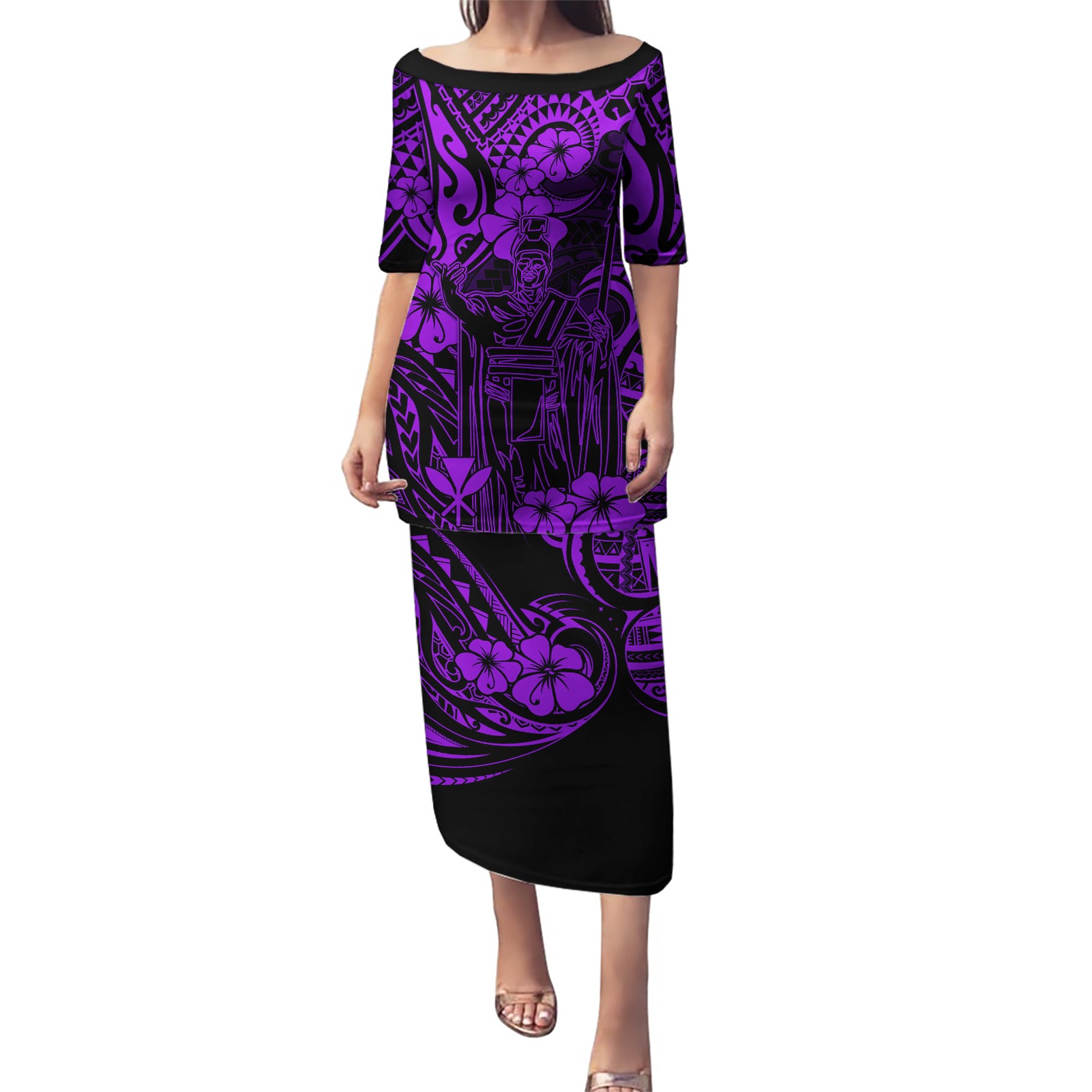 Hawaii King Kamehameha Puletasi Polynesian Pattern Purple Version LT01 Long Dress Purple - Polynesian Pride