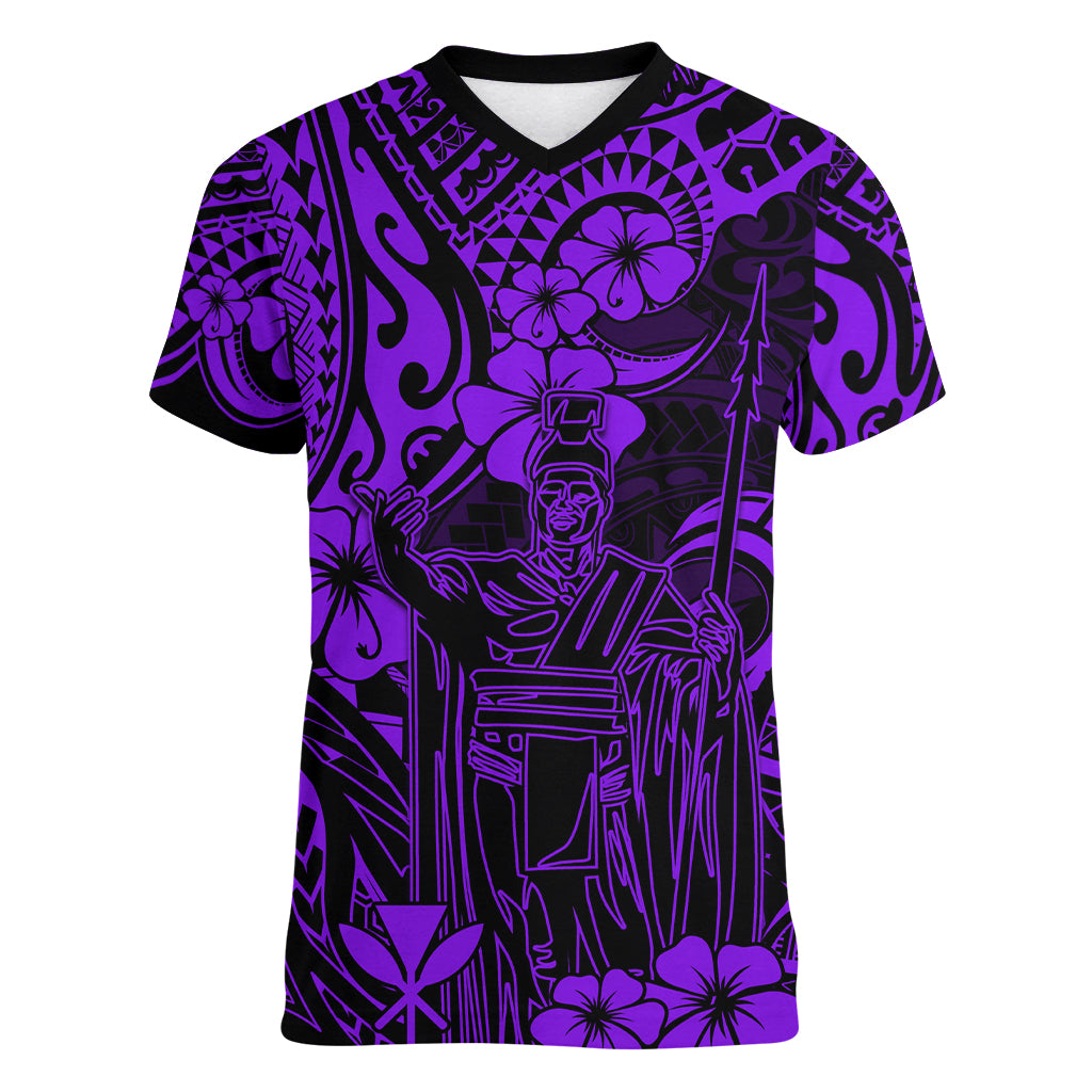 Hawaii King Kamehameha Women V Neck T Shirt Polynesian Pattern Purple Version LT01 Female Purple - Polynesian Pride