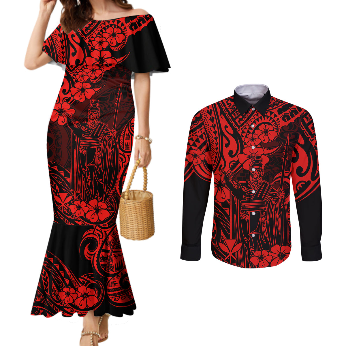 Hawaii King Kamehameha Couples Matching Mermaid Dress and Long Sleeve Button Shirts Polynesian Pattern Red Version LT01 Red - Polynesian Pride