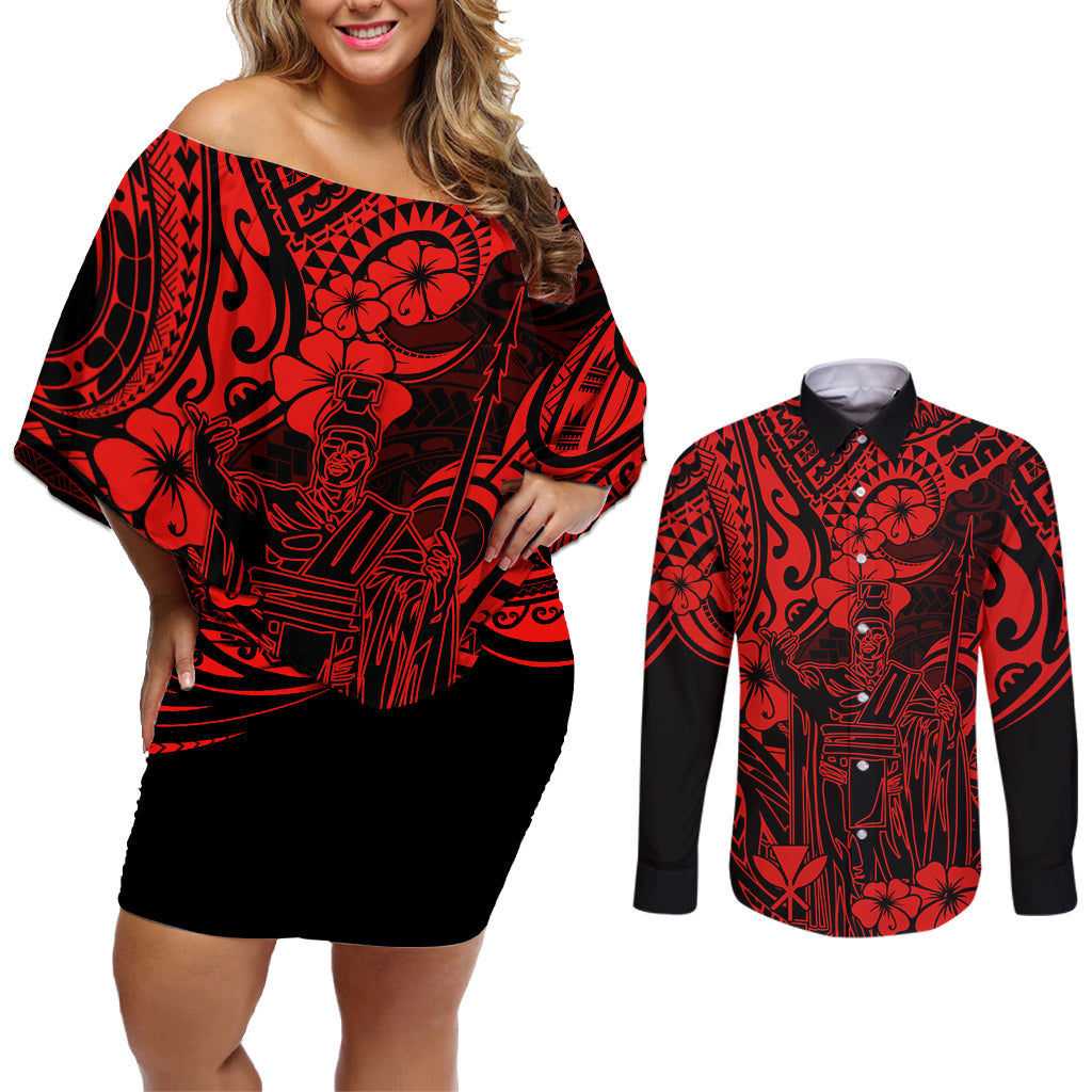 Hawaii King Kamehameha Couples Matching Off Shoulder Short Dress and Long Sleeve Button Shirts Polynesian Pattern Red Version LT01 Red - Polynesian Pride