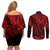 Hawaii King Kamehameha Couples Matching Off Shoulder Short Dress and Long Sleeve Button Shirts Polynesian Pattern Red Version LT01 - Polynesian Pride