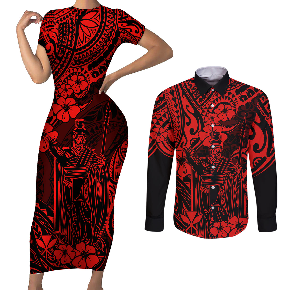 Hawaii King Kamehameha Couples Matching Short Sleeve Bodycon Dress and Long Sleeve Button Shirts Polynesian Pattern Red Version LT01 Red - Polynesian Pride