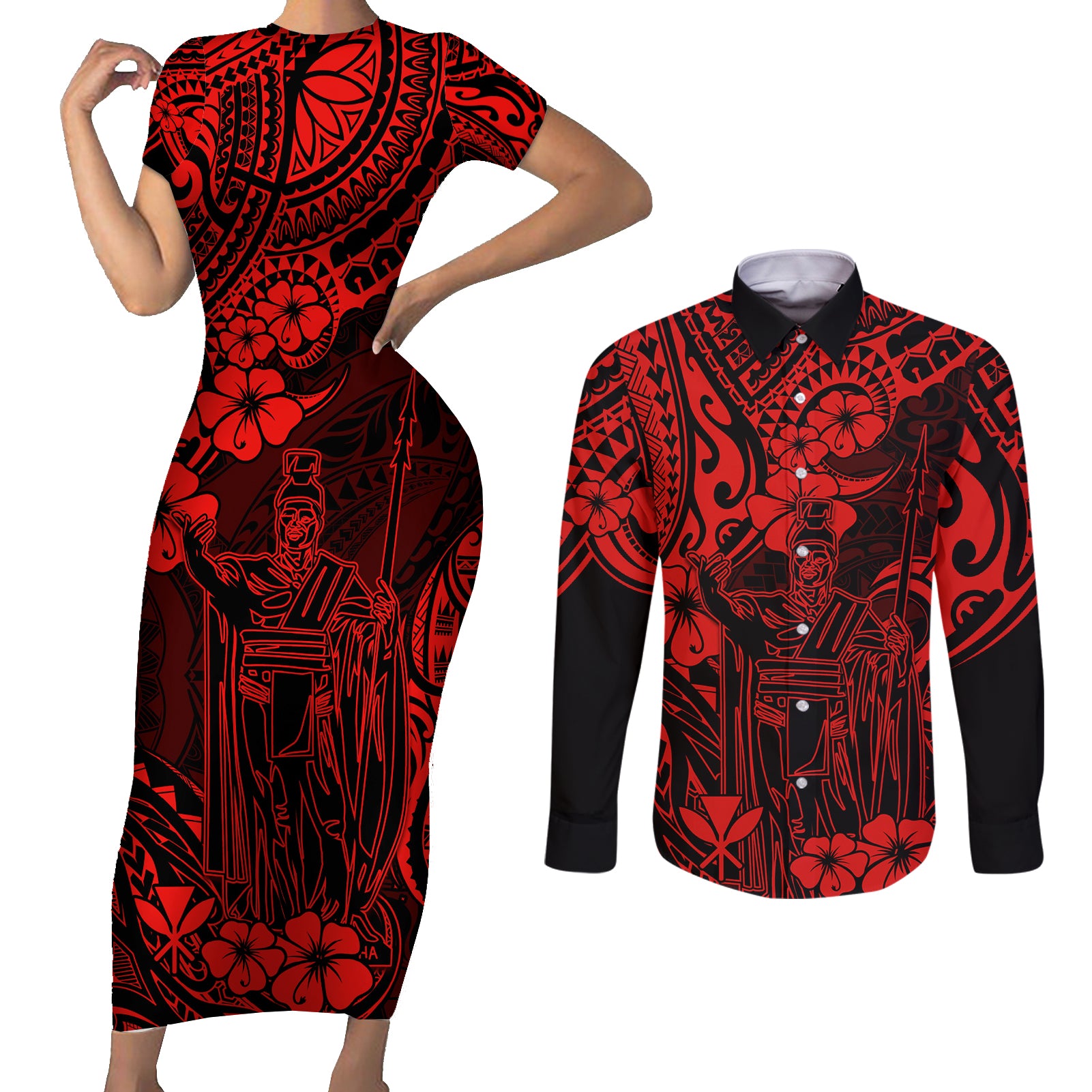 Hawaii King Kamehameha Couples Matching Short Sleeve Bodycon Dress and Long Sleeve Button Shirts Polynesian Pattern Red Version LT01 Red - Polynesian Pride