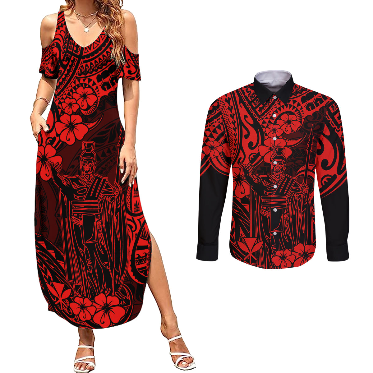 Hawaii King Kamehameha Couples Matching Summer Maxi Dress and Long Sleeve Button Shirts Polynesian Pattern Red Version LT01 Red - Polynesian Pride