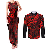 Hawaii King Kamehameha Couples Matching Tank Maxi Dress and Long Sleeve Button Shirts Polynesian Pattern Red Version LT01 Red - Polynesian Pride