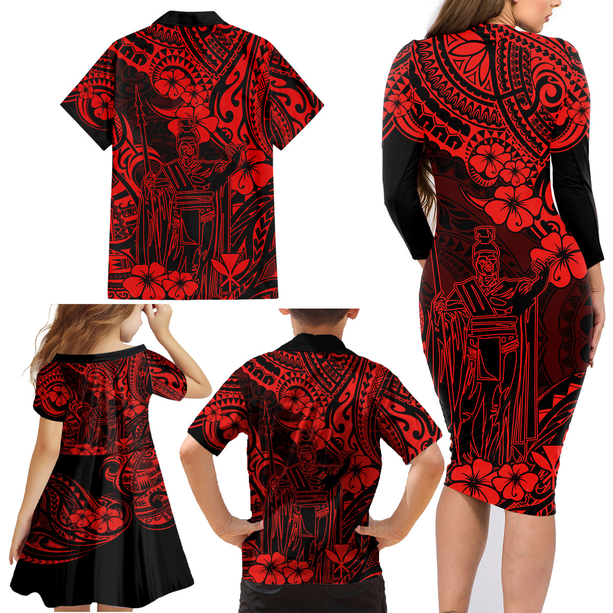 Hawaii King Kamehameha Family Matching Long Sleeve Bodycon Dress and Hawaiian Shirt Polynesian Pattern Red Version LT01 - Polynesian Pride