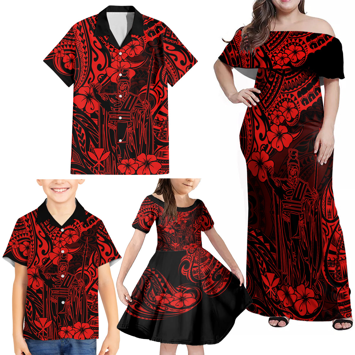 Hawaii King Kamehameha Family Matching Off Shoulder Maxi Dress and Hawaiian Shirt Polynesian Pattern Red Version LT01 - Polynesian Pride
