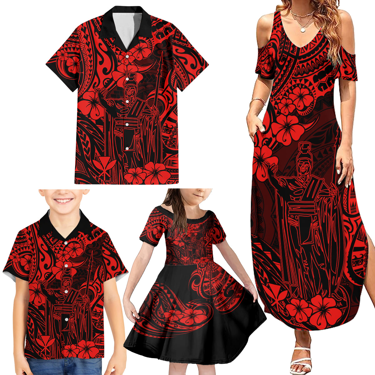 Hawaii King Kamehameha Family Matching Summer Maxi Dress and Hawaiian Shirt Polynesian Pattern Red Version LT01 - Polynesian Pride
