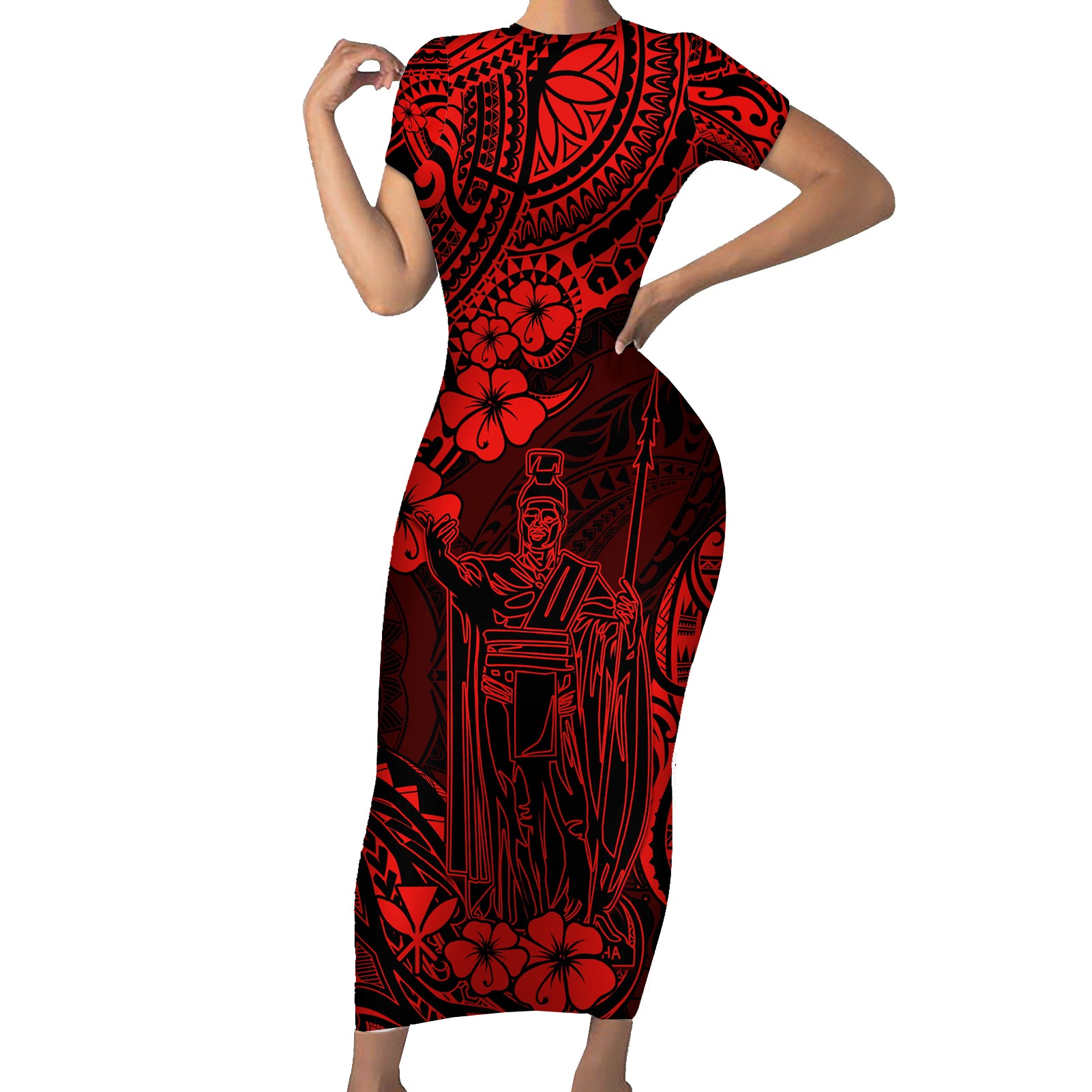 Hawaii King Kamehameha Short Sleeve Bodycon Dress Polynesian Pattern Red Version LT01 Long Dress Red - Polynesian Pride
