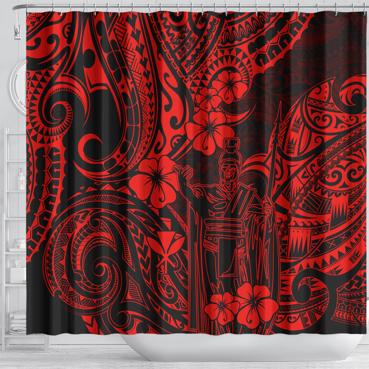 Hawaii King Kamehameha Shower Curtain Polynesian Pattern Red Version LT01 - Polynesian Pride