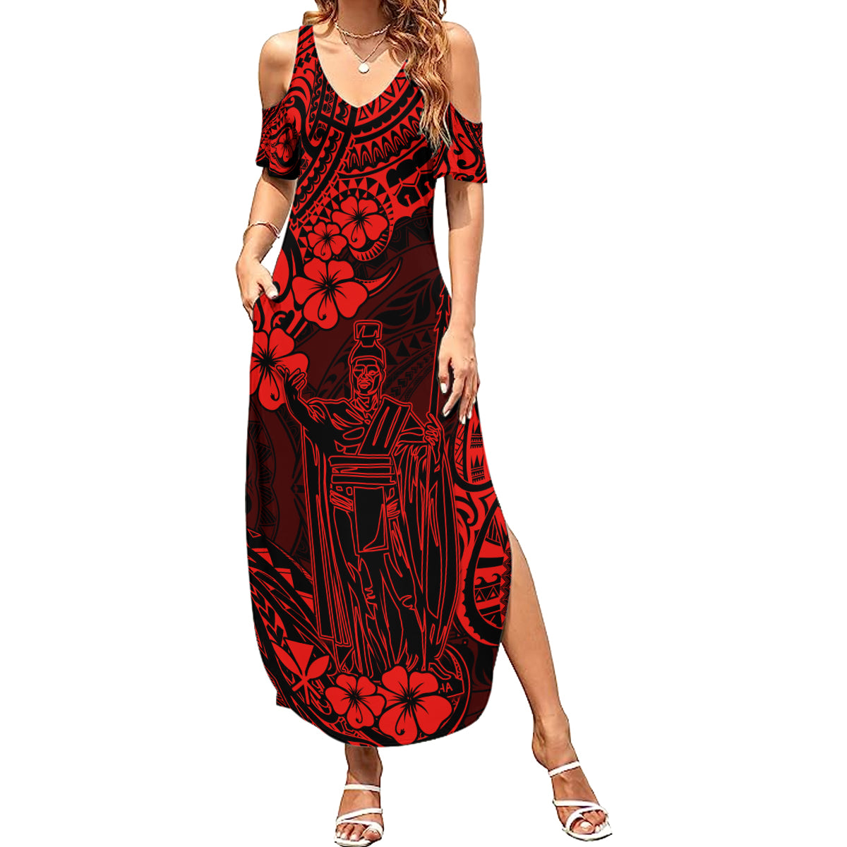 Hawaii King Kamehameha Summer Maxi Dress Polynesian Pattern Red Version LT01 Women Red - Polynesian Pride