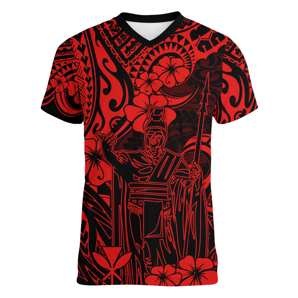 Hawaii King Kamehameha Women V Neck T Shirt Polynesian Pattern Red Version LT01 Female Red - Polynesian Pride