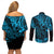 Hawaii King Kamehameha Couples Matching Off Shoulder Short Dress and Long Sleeve Button Shirts Polynesian Pattern Sky Blue Version LT01 - Polynesian Pride