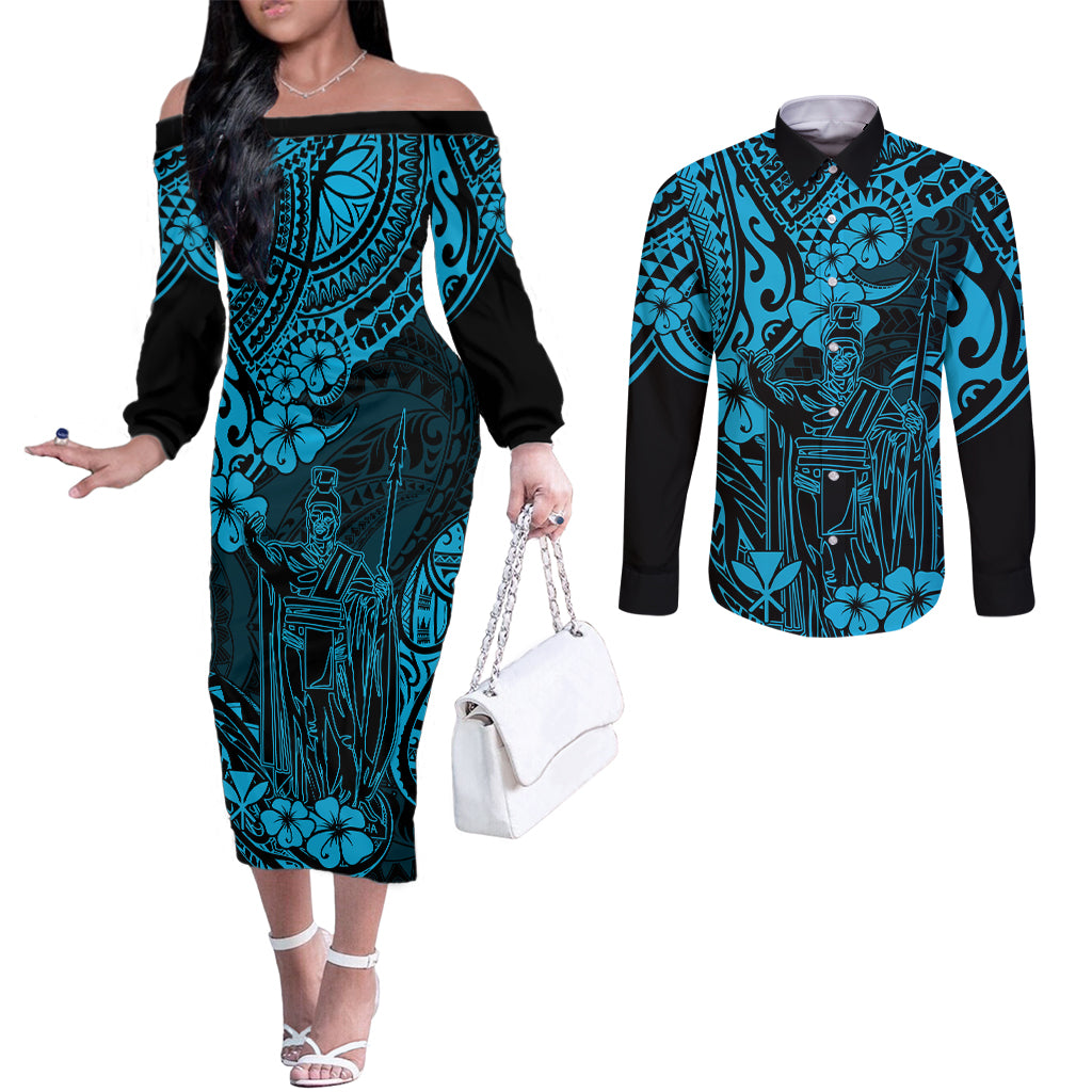 Hawaii King Kamehameha Couples Matching Off The Shoulder Long Sleeve Dress and Long Sleeve Button Shirts Polynesian Pattern Sky Blue Version LT01 Blue - Polynesian Pride