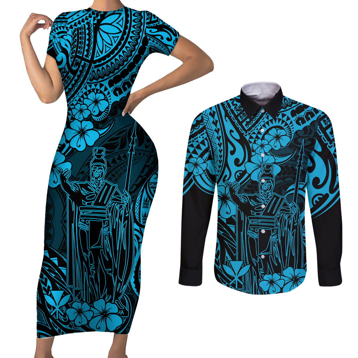 Hawaii King Kamehameha Couples Matching Short Sleeve Bodycon Dress and Long Sleeve Button Shirts Polynesian Pattern Sky Blue Version LT01 Blue - Polynesian Pride