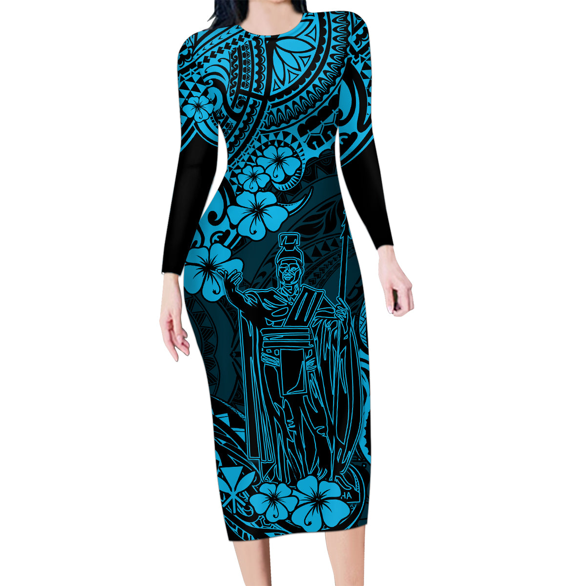 Hawaii King Kamehameha Family Matching Long Sleeve Bodycon Dress and Hawaiian Shirt Polynesian Pattern Sky Blue Version LT01 Mom's Dress Blue - Polynesian Pride